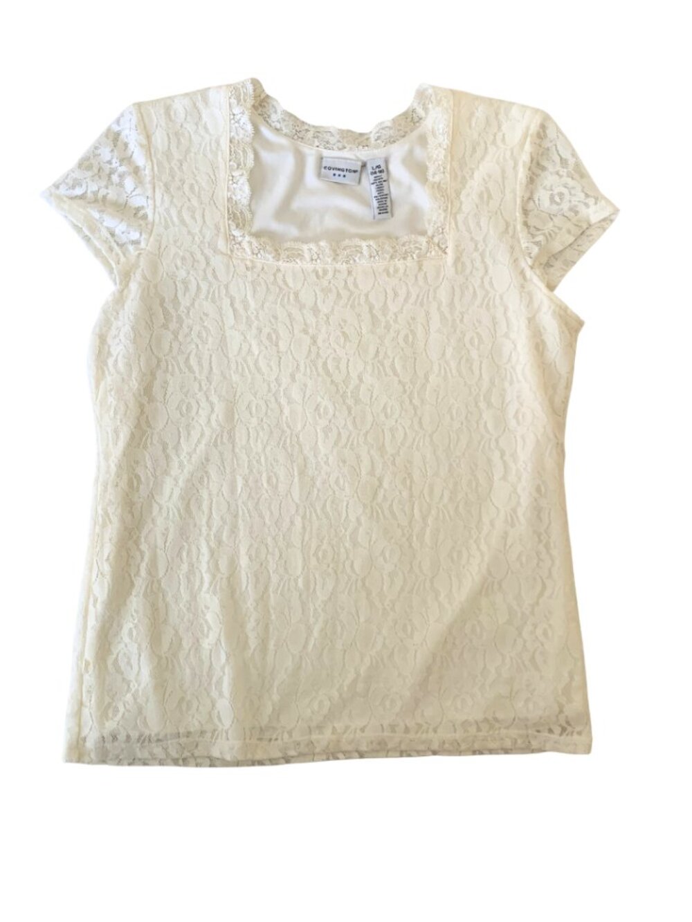 Covington Cream Lace Top Women's Size L Lined Short Sleeve Square Neck Floral